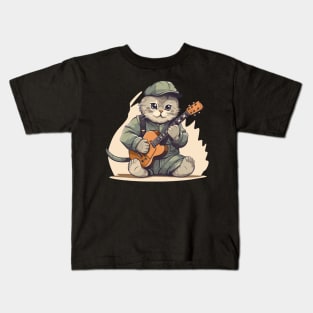 Scottish Fold Cat Playing Guitar Kids T-Shirt